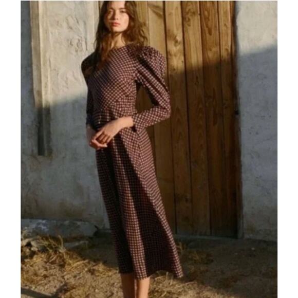 DOEN Sz S Small Vittoria Dress Puff Long Sleeve Midi Harbor Medallion Blue Fall - Picture 13 of 13